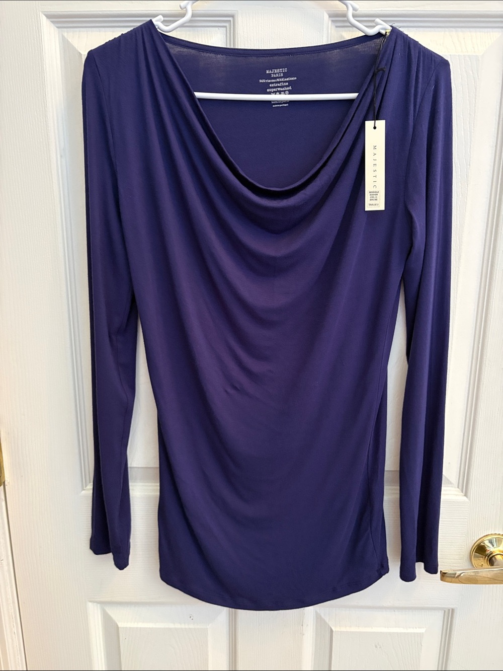 Majestic Paris NWT navy blue size 2 (small-4 to 6) Draped Cowl Long-Sleeve top